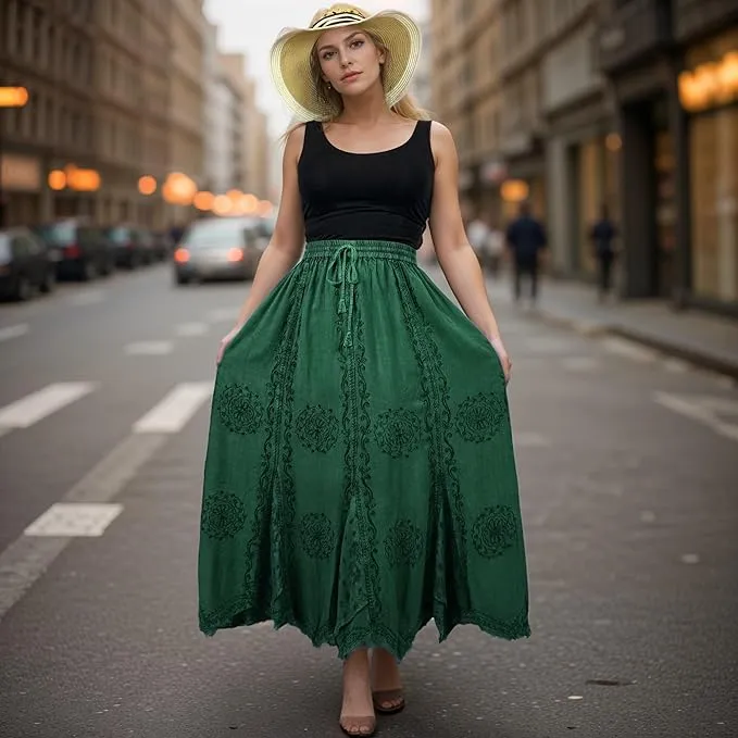Women's Boho 715 SKT Medieval Flared Hem A Line Embroidered Long Maxi Skirt