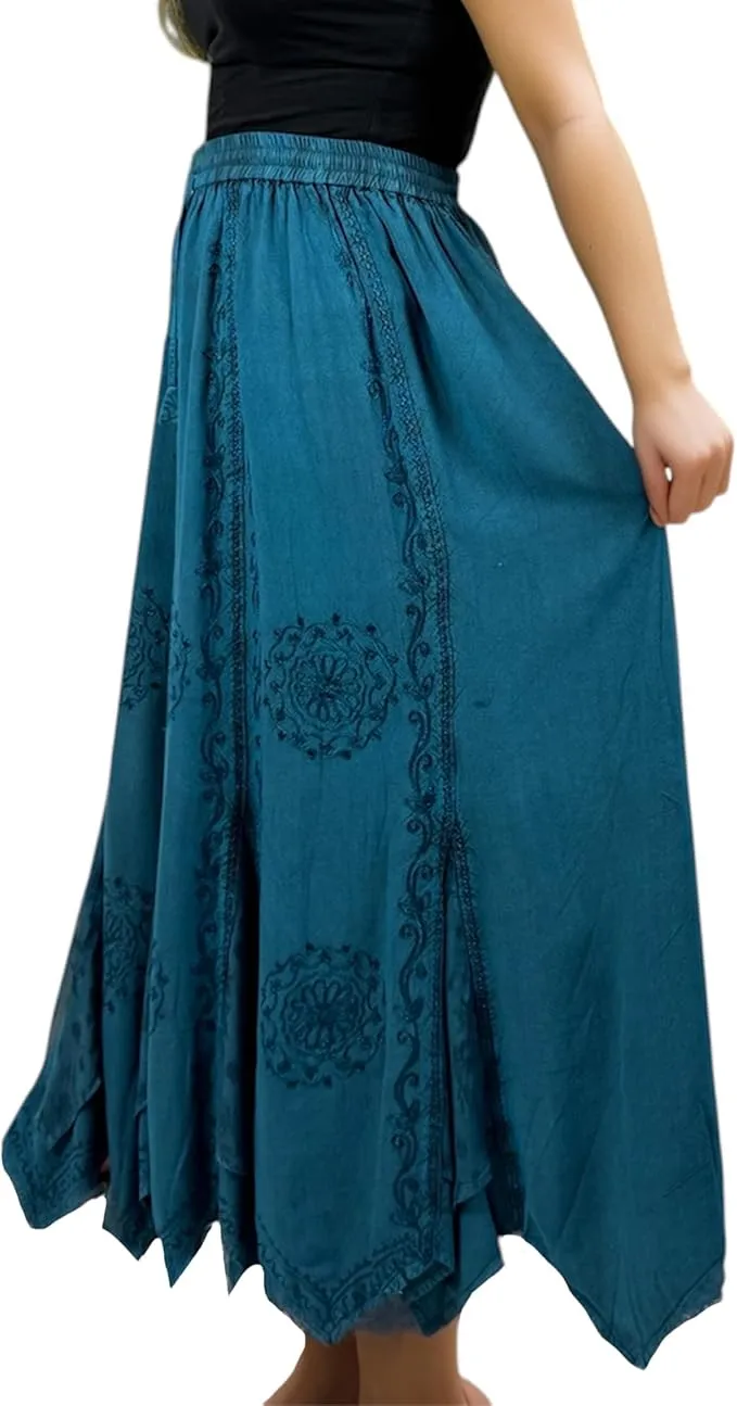 Women's Boho 715 SKT Medieval Flared Hem A Line Embroidered Long Maxi Skirt