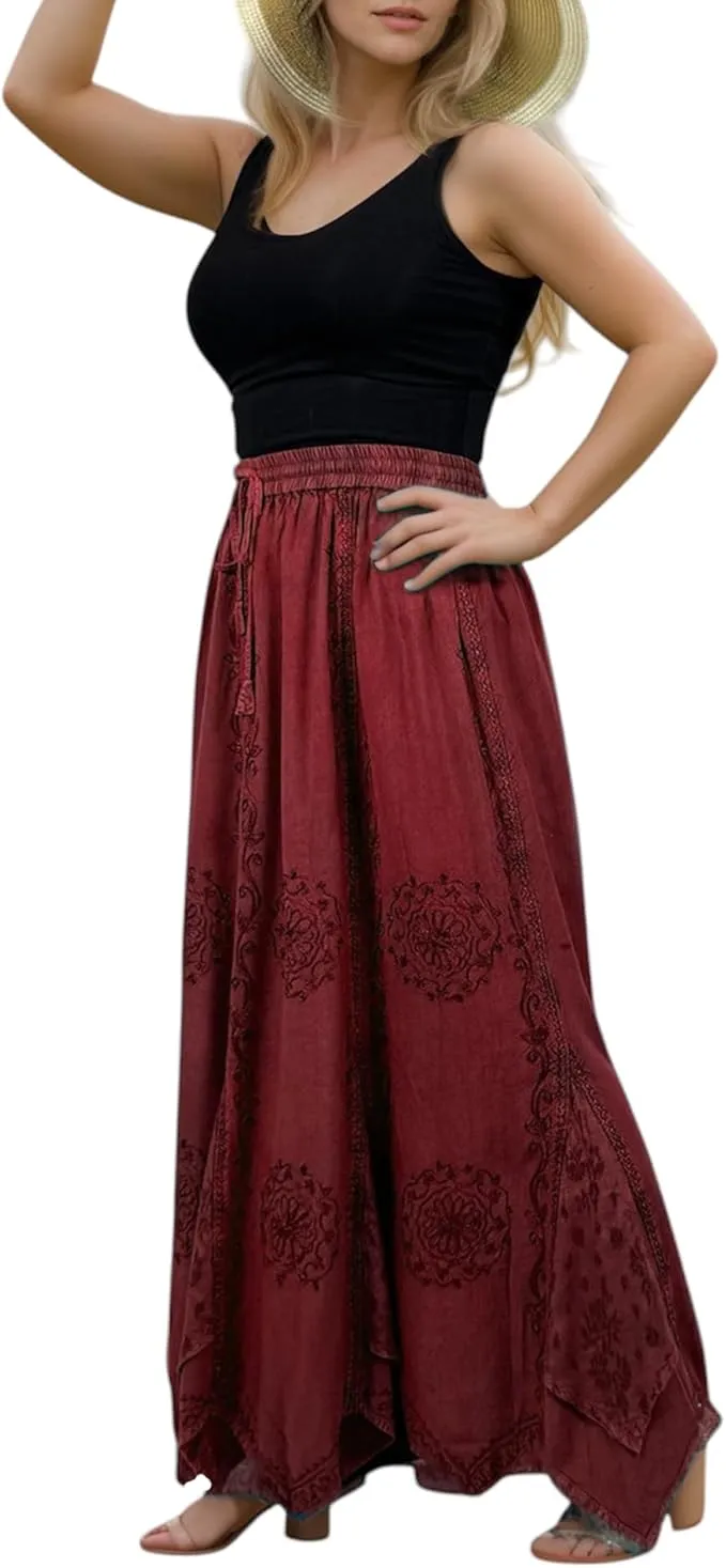 Women's Boho 715 SKT Medieval Flared Hem A Line Embroidered Long Maxi Skirt