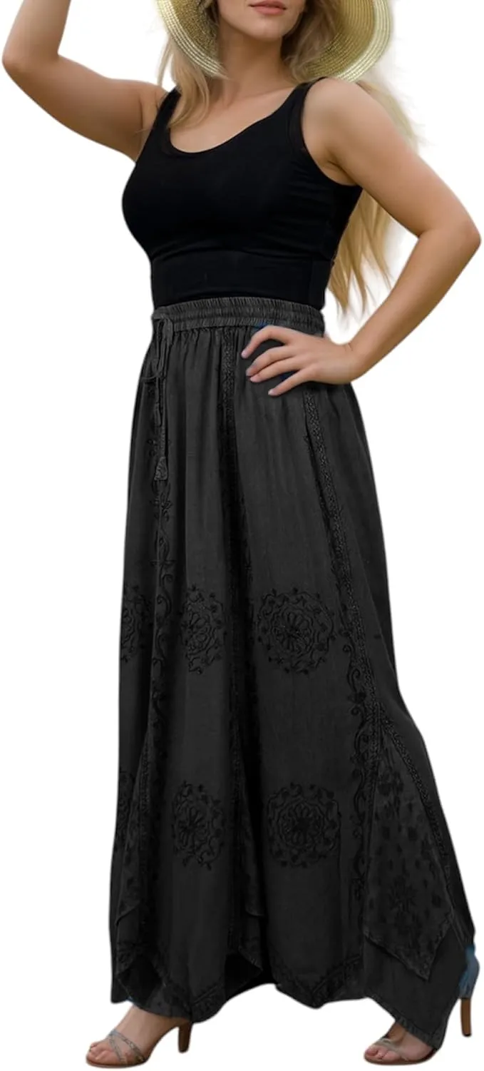 Women's Boho 715 SKT Medieval Flared Hem A Line Embroidered Long Maxi Skirt
