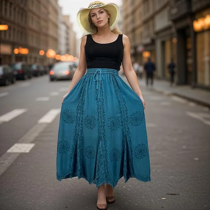 Women's Boho 715 SKT Medieval Flared Hem A Line Embroidered Long Maxi Skirt