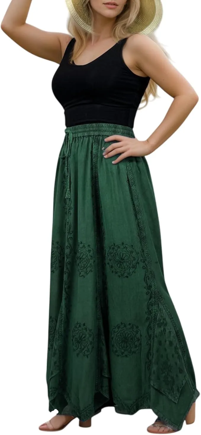 Women's Boho 715 SKT Medieval Flared Hem A Line Embroidered Long Maxi Skirt