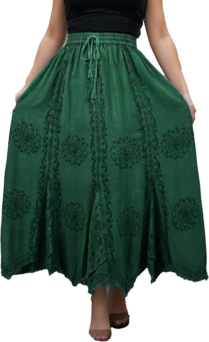Women's Boho 715 SKT Medieval Flared Hem A Line Embroidered Long Maxi Skirt