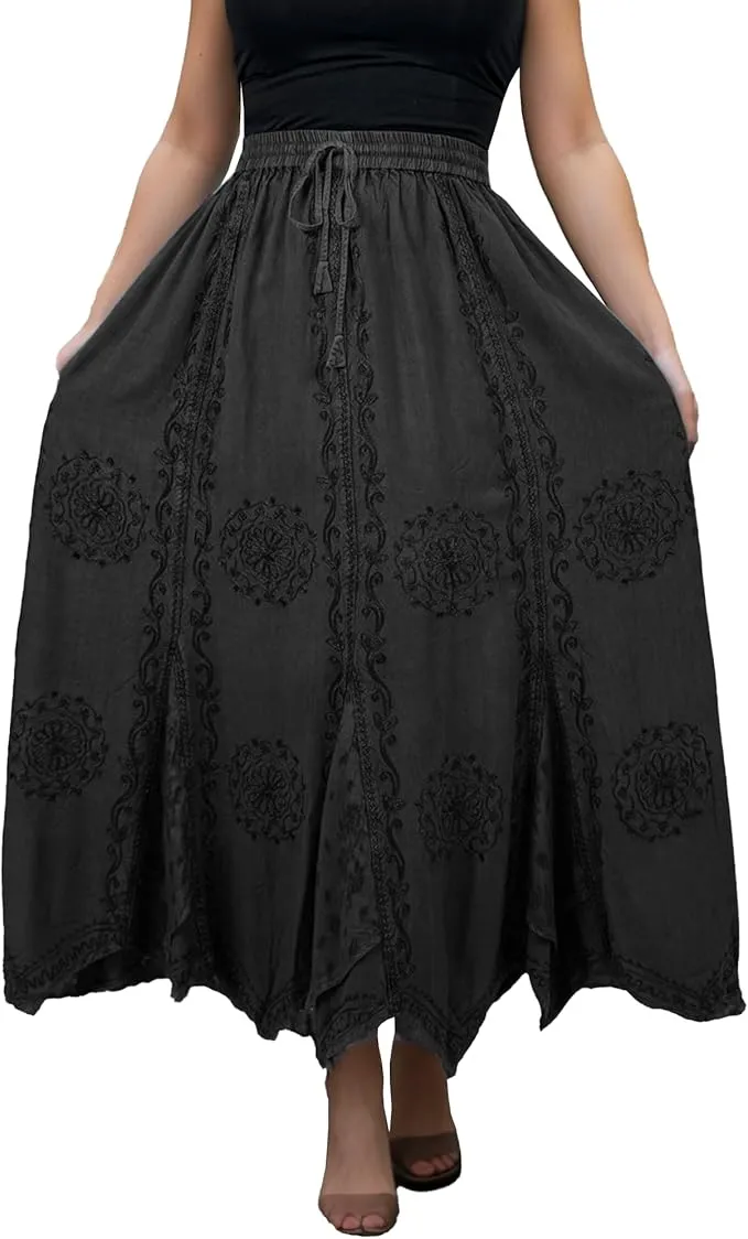 Women's Boho 715 SKT Medieval Flared Hem A Line Embroidered Long Maxi Skirt