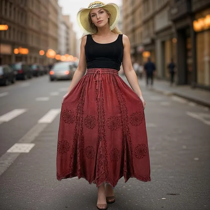 Women's Boho 715 SKT Medieval Flared Hem A Line Embroidered Long Maxi Skirt